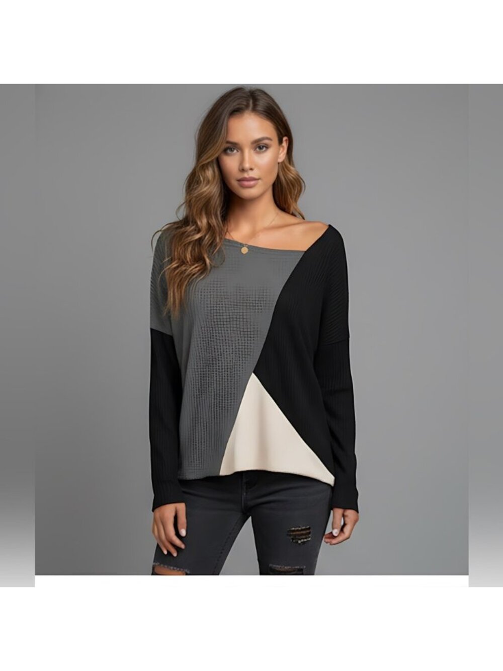 Color Block Asymmetrical Neck Tee - Picture 3 of 6